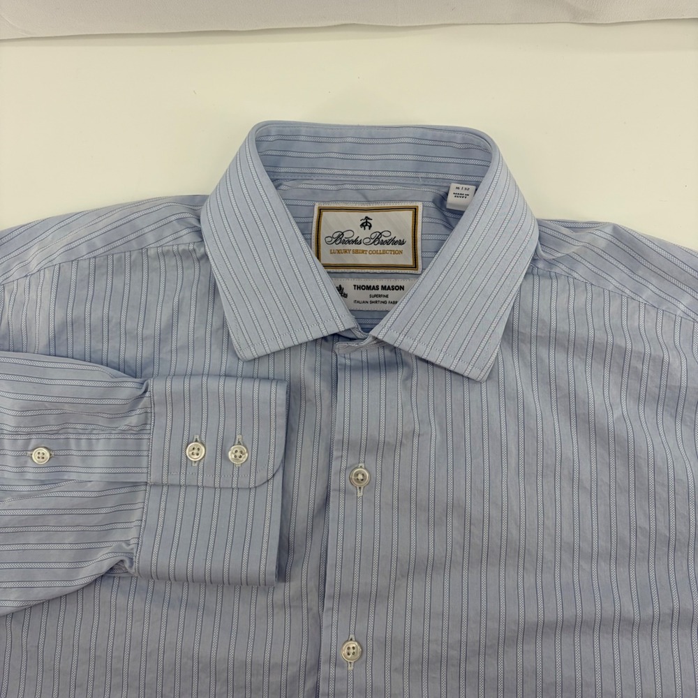 Brooks Brothers Thomas Mason Luxury Shirt Regent Fit Blue Stripe 16 32 Mens